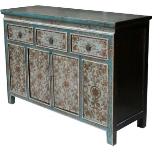 Sage Tibetan Sideboard Cabinet w/Embossed Gold Flora