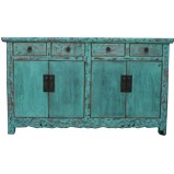 Chinese Teal Sideboard Buffet w/Carvings