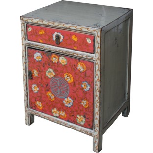 Red Flora Tibetan Painted Bedside Table