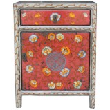 Red Flora Tibetan Painted Bedside Table