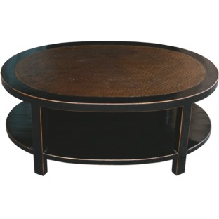 Oval Rattan Top Black Coffee Table