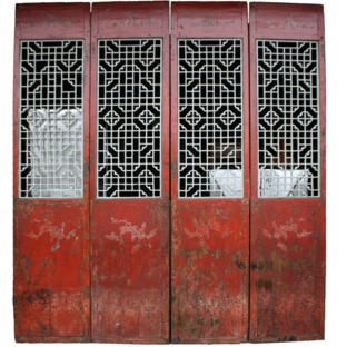 Chinese Red Set of 4 Doors Lattice Panels & Carvings