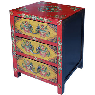 Tibetan Red and Yellow Three Drawers Side/Bedside Table 