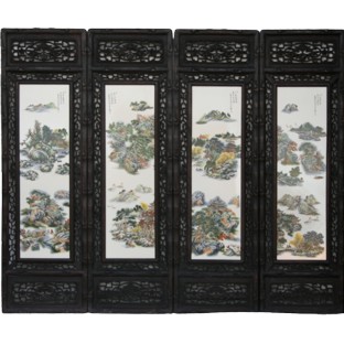 Set of Four Carved Wood Screen Panels w/Porcelain insert