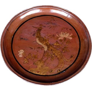 Antique Round Wood Tray with Painting