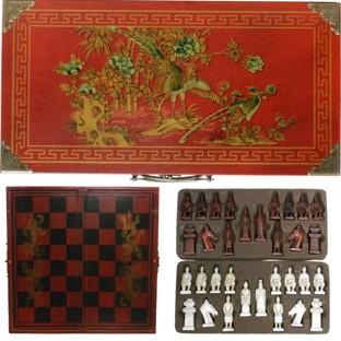 Red Chess Set in Oriental Painted Case