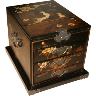 Large Black Jewellery Mirror Box - Peacock