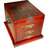 Large Red Jewellery Mirror Box - Peacock