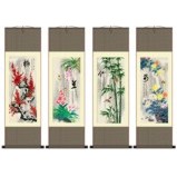 Four Seasons Chinese Plants Silk Scroll