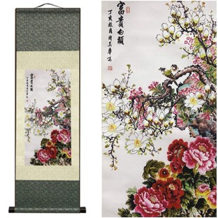 Chinese Flower and Bird Painting Silk Scroll Large