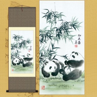 Chinese Panda Painting Silk Scroll Large