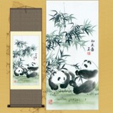 Chinese Panda Painting Silk Scroll
