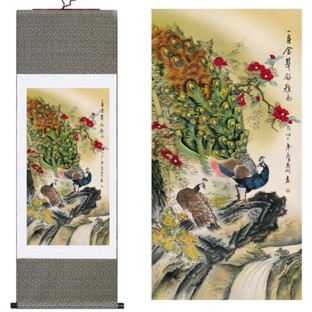 Chinese Peacock Painting Silk Scroll Large