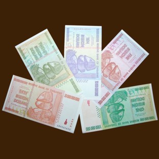 Zimbabwe Billion Dollars Set of 5 Banknotes